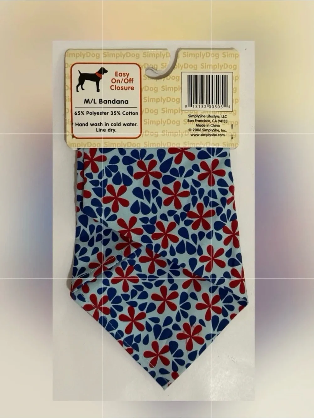 SimplyDog Floral Bandana M/L, Light Blue with Red & Navy Flowers.